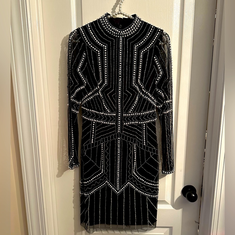 Aidan Mattox Black Pearl Beaded Cocktail Long Sleeve Dress - Size 2